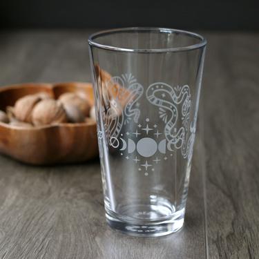 Snakes &amp; Moon Phases Pint Glass - lunar serpent symbols for new beginnings 