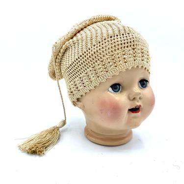Antique Lace Crochet Doll Cap, Edwardian Ecru Baby Bonnet, Heirloom Christening Cap 