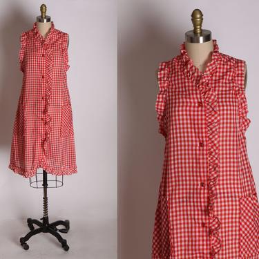 1960s 1970s Red and White Gingham Button Down Front Ruffle Hem Dress -S 