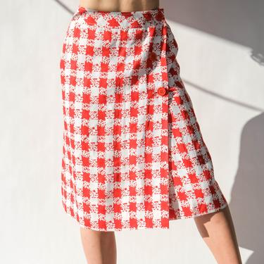 Vintage 90s CELINE PARIS Red &amp; White Gingham Logo Print Wrap Skirt w/ Large Red Signature Buttons | Made in France | 1990s Designer Skirt 