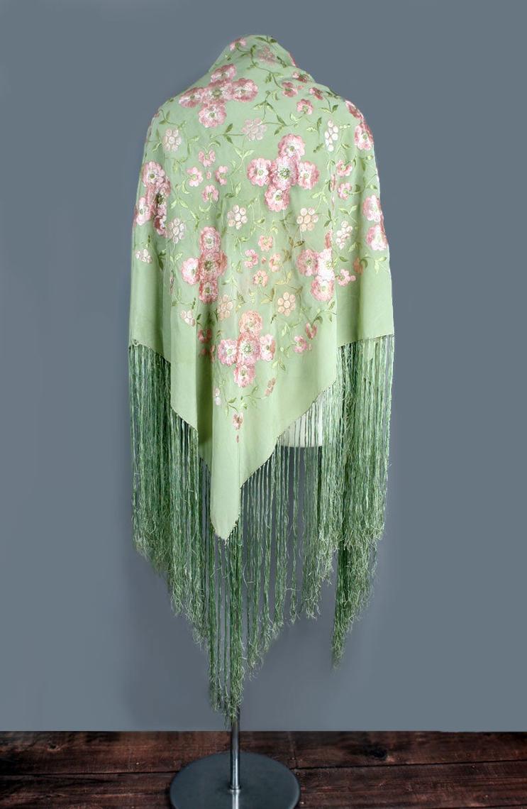 小物 camiel fortgens shawl vintage silk Antique Silk Piano Shawl Green & Pink Embroidery 1920's, 50