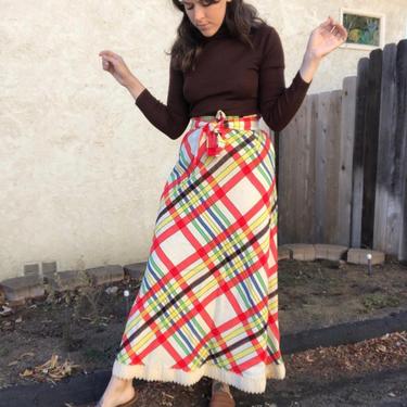 70s primary colored abstract maxi skirt with matching belt 
