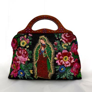 ISABELLA FIORE Virgin Mary Lady of Guadalupe Purse | Jeweled Beaded &amp; Sequin Clutch Bag w/ Wood Handle | Boho Bohemian Mexican Folk Handbag 