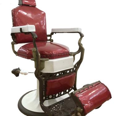 Antique Koken Red Leather &#038; White Enameled Cast Iron Barber Chair