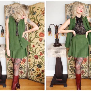 1960s 2pc Set // Bobbi Brooks Green Mod Vest &amp; Mini Skirt Set // vintage 60s outfit 