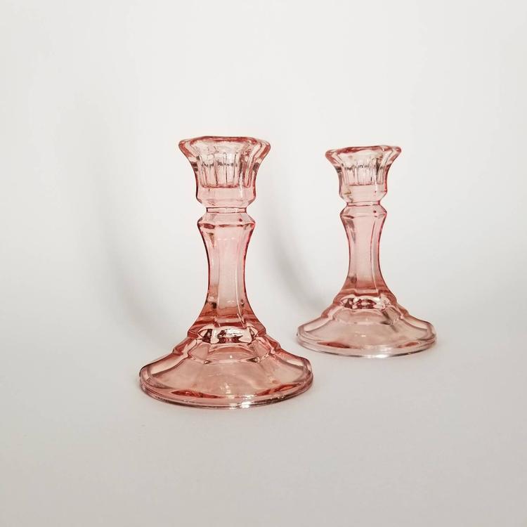 Pink Glass Candlestick Holders / Pink Depression Glass Recollection Candle Holder / Vintage Mid Century Colored Glass Taper Candle Holders