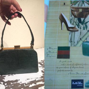 Quiet Richness - Vintage 1940s Ming Green Dark Green Reptile Lizard Leather Box Handbag Purse 