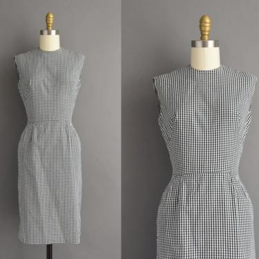 1950s vintage dress | Black &amp; White Gingham Print Cotton Pencil Skirt Dress | XS | 50s dress 