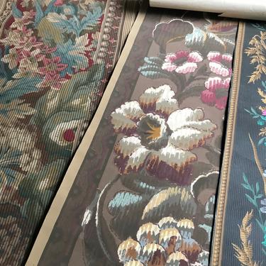 10072117 Antique French Wallpaper, Roller Printed, Vibrant Floral Gilt, Early 1900s Wallpaper, French Chateau Decor 
