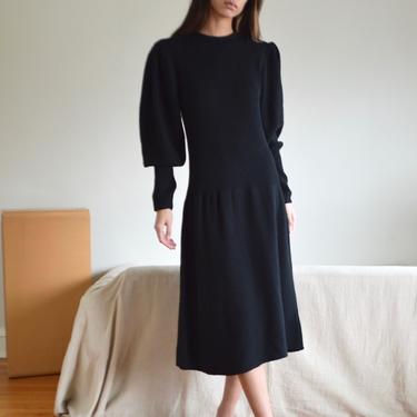 mutton sleeve black knit 70s midi dress 