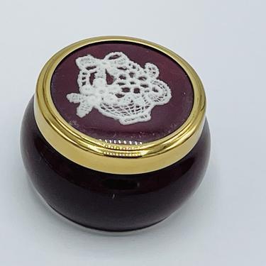 Vintage maroon ceramic brass pill trinket box, Lace lid Small round pill box 
