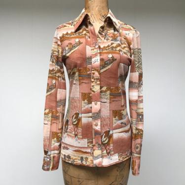 Vintage 1970s Nylon Blouse, 70s Fitted Asian Novelty Print Top, Lady Manhattan, Small 34&quot; Bust 