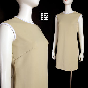 Simple Vintage 60s 70s Light Beige Sleeveless Dress with White Trim 