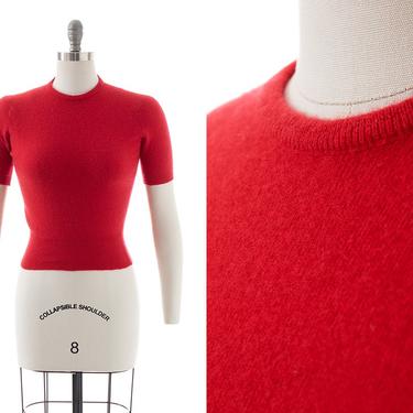 Vintage 1950s Sweater | 50s DALTON Cashmere Knit Red Short Sleeve Cropped Pullover Sweater Top (x-small/small) 
