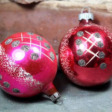 Pair of Vintage Glass Christmas Ornaments for Your Vintage Christmas Tree! - Red &amp; Pink Glass with Glitter Accent Ornaments | FREE SHIPPING 