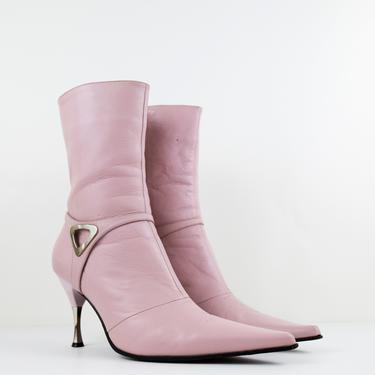 Vintage Avant Garde Pink Leather Pointed Toe Stiletto Heel Boots size 8.5/9 
