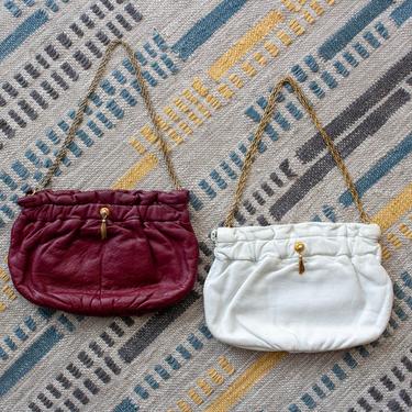 Vintage 1950s Matching Leather Purse Set - White &amp; Burgundy Soft Calfskin Leather Handbag Gold Chain 