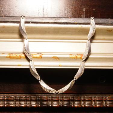 Vintage Etched Sterling Silver Link Collar Necklace, Ornate Etched Fleur Designs, Art Nouveau, 925 Statement Choker, 16 1/4&amp;quot; L 