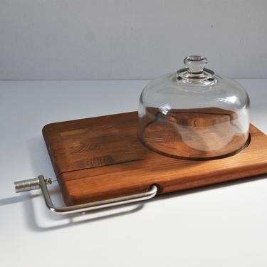 Vintage Mid-Century Danish Modern Teak Cheese Board with Wire Cutter and Glass Dome by Goodwood 
