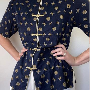 vintage cheongsam style cotton blouse with gold print size large 