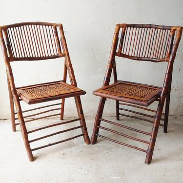 Vintage Mid Century Modern Tortoise Rattan Bamboo Folding Chairs A Pair By Modandozzie