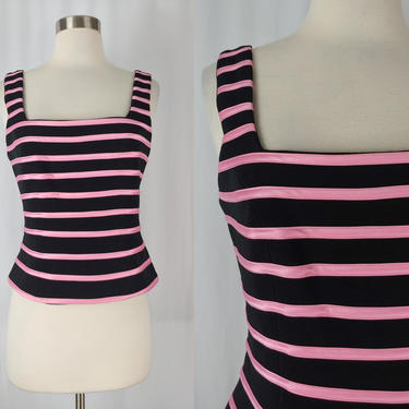Vintage 2000 Y2K Cache Pink and Black Striped Top - Millennium Size 4 Black Zip Square Neckline Sleeveless Fitted Top 