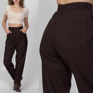 70s Chocolate Brown High Waisted Pants - Extra Small, 24.5&quot; | Vintage Wool Tapered Leg Pleated Trousers 