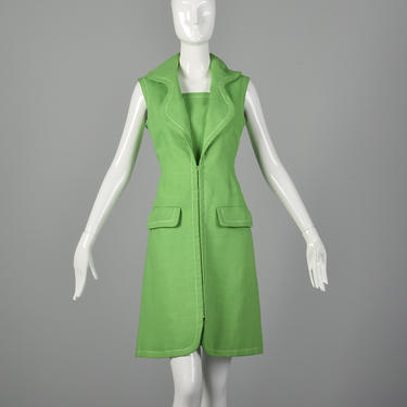 Medium Geoffrey Beene Green Dress 1960s Mod Zip Front Linen Designer Dress 