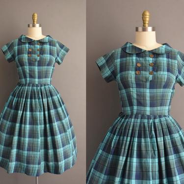 1950s vintage dress | Adorable Blue Turquoise Short Sleeve Plaid Print Full Skirt Summer Shirt Dress | Small | 50s dress 