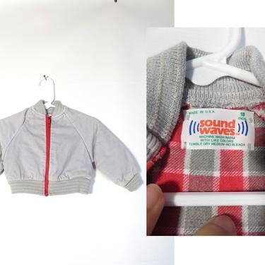Vintage 70s/80s Baby Gray Corduroy Fall Weight Zip Up Bomber Jacket With Flannel Lining And Elbow Patches Made In USA Size 18M 