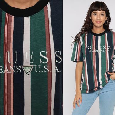 GUESS JEANS Striped 00s Ringer T Shirt Short Sleeve Teal Stripes Blue Red Streetwear Y2K Vintage 2000s Retro Tee Cotton Medium 