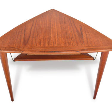 Danish Mid Century Modern Teak Triangle Side Table with Rack 