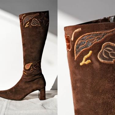 Vintage 90s HAYRAUD PARIS Brown Suede Square Toe Side Zip Boots w/ Leather Leaf Embroidery | Size 39.5 | 1990s Designer Square Toe Boots 