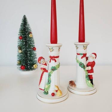 Vintage Christmas Santa & Mrs Claus Candleholders 