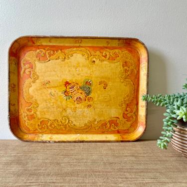Vintage Tray - Paper Mache Tray - Orange Floral Tray - Rectangular Hand Painted Tray - Wall Decor - Made in Japan 
