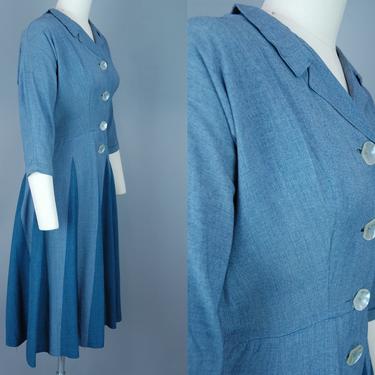 1950s Two Tone Dress | Vintage 50s Shirtwaist Day Dress with Contrast Panel Skirt | small 
