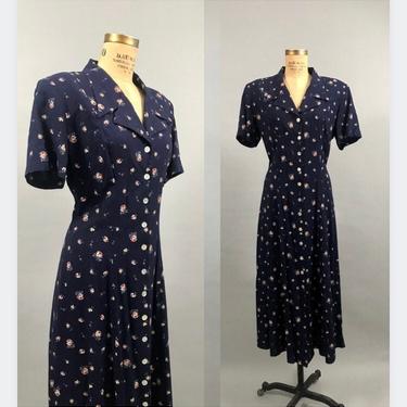 1990's Navy Blue Floral Midi Dress in Size 10 / 12 