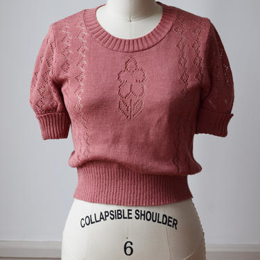 1930s-Style Vintage 1970s Mauve Knit Top | 70s Does 30s Crochet Style Top | XS 