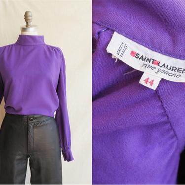 Vintage 80s Yves Saint Laurent Purple Mock Neck Blouse/ 1980s Long Sleeve Rive Gauche YSL Button Up Top/ Size Large XL 