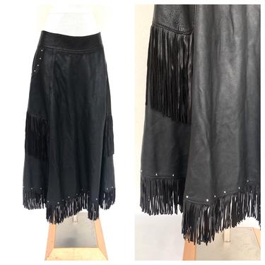 Vintage VTG 1990s 90s River Crossing Black Deerskin Leather Fringed Western Skirt 