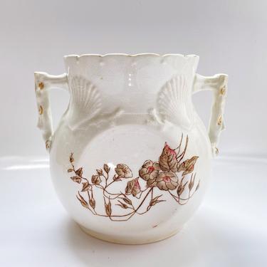 Vintage brown transferware sugar bowl Crazed ironstone Seashell and floral pot 