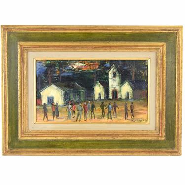 R. J. Bizet 1966 Mid Century Painting “La Reunion” People Gathered in a Courtyard 