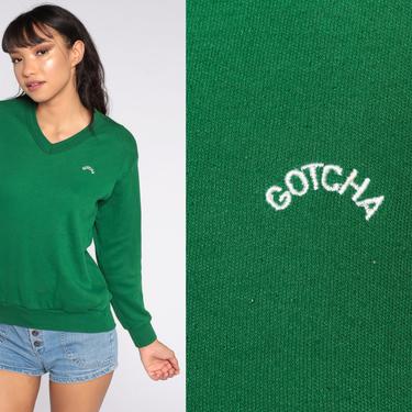 Green V Neck Sweatshirt GOTCHA 80s Sweatshirt 1980s Slogan Long Sleeve Shirt Slouchy Vintage Sweat Shirt Small S 