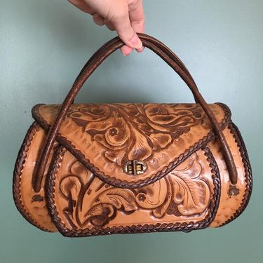1950s handbag, tooled leather, vintage purse, southwestern style, rockabilly purse, mid century, brown floral, 50s bag, mrs maisel style 