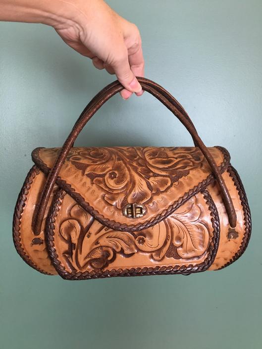 Vintage top Hand Tooled Leather Mid Century Modern Western Purse Bag