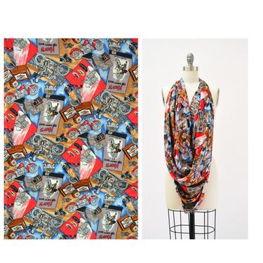 90s Vintage Nicole Miller Silk Large Scarf with Harley Davidson Motorcycle USA Biker Vintage Biker Moto Scarf Large Silk Wrap 