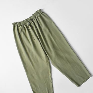 vintage olive silk & cotton lounge pants with drawstring waist, size XL 
