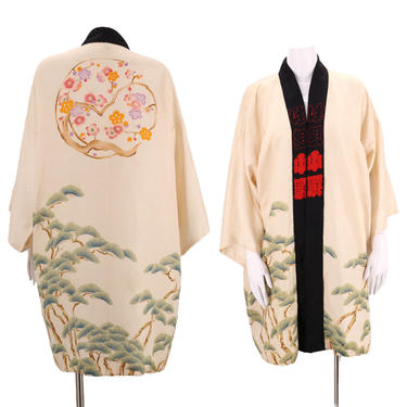 30s silk kimono /Bonsai print silk Japanese kimono / vintage cream cherry blossom floral print Deco duster robe antique one size 1930s 1940s 