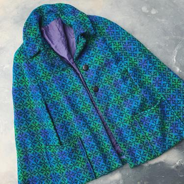 60s Mod Vintage Wool Cape with Pockets | Blue Green Psychedelic Button Front Wool Poncho 