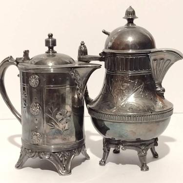 Antique 1915 Meriden B. Company &amp; Southington Co Silverplate Floral Etched Holloware Creamer Coffee Pot Pitchers Teapot Lot of 2 